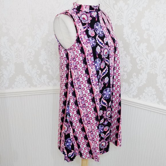 Pink Rose High Neck Sleeveless Artsy Floral Prints Trapeze Dress Y2K Kawaii - Picture 2 of 4